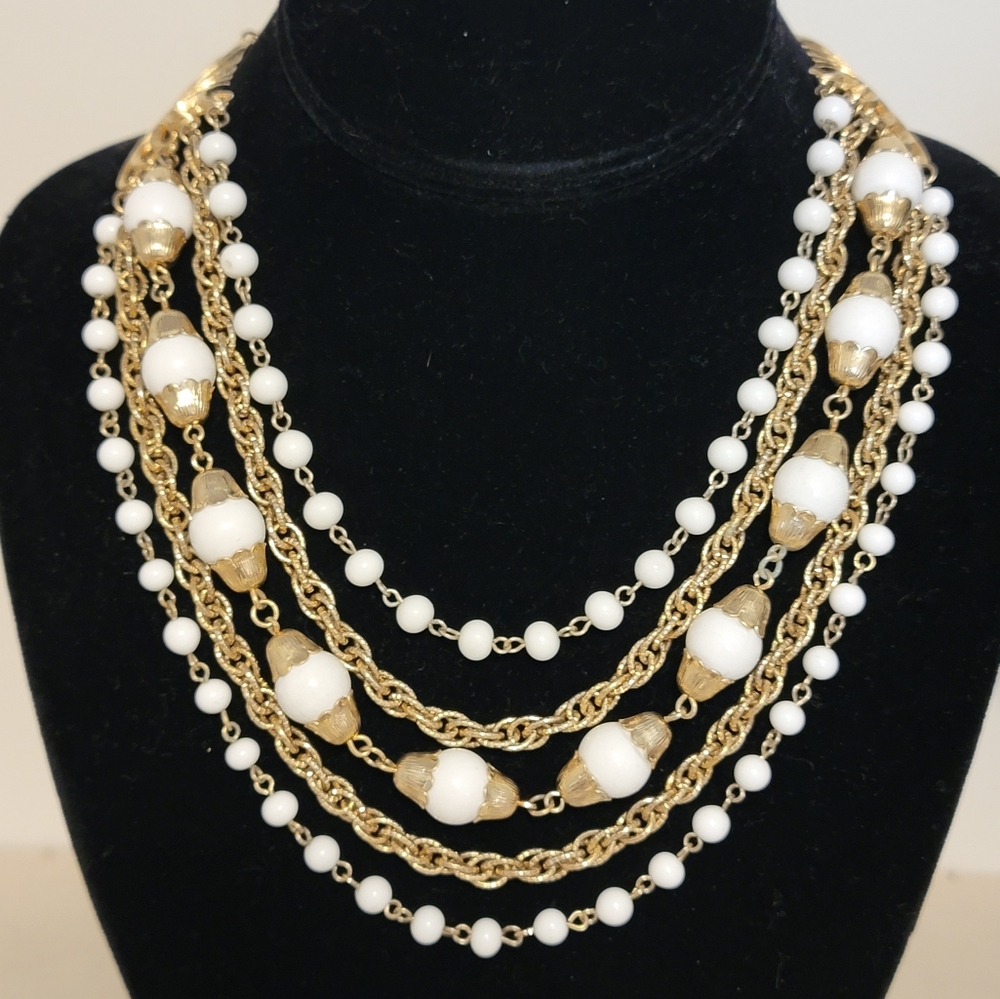 Vintage Signed Coro Five Strand Gold Tone Chain White Bead Necklace